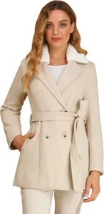 Allegra K Women's Faux Fur Collar Coat Double Breasted Belted Winter Overcoat XL - Picture 1 of 6