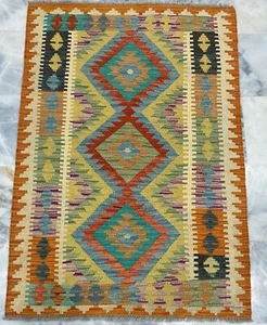 Afghanische Handarbeit Kelim Mehrfarbig Wolle Wohnzimmer Azteken Kelim Teppich 88x126cm - Bild 1 von 3