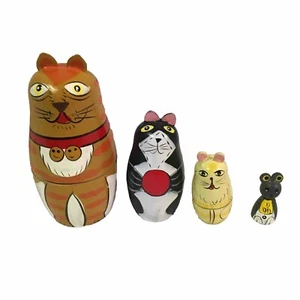 Russian Matryoshka Cats Nesting Dolls Set of 4 Wood Kittens Mouse Animals - Picture 1 of 10