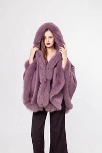 Nueva capucha de piel de zorro con capa envolvente de lana de cachemir púrpura violeta para mujer  - Imagen 1 de 8