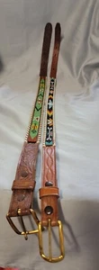 VINTAGE Wampum Hand Beaded Tooled Leather Cowhide Belts 26" 1970s Set of 2-NEW - Picture 1 of 11