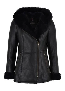 Ladies Sheepskin Jacket Shearling B3 Flying Black Genuine Fur Hoodie Jacket NV39 - Picture 1 of 9