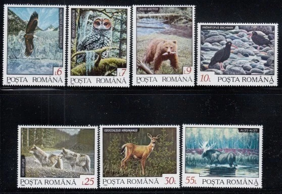 Juego ROMANIA Águila, Búho, Oso, Ostrero, Lobo, Ciervo y Alce MNH Foto 1 de 1