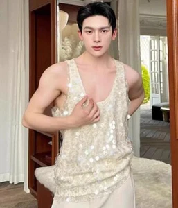 Chic Men Nude Embroidered Sequin Vest Sleeveless Tops Party Summer Clothing - Picture 1 of 6