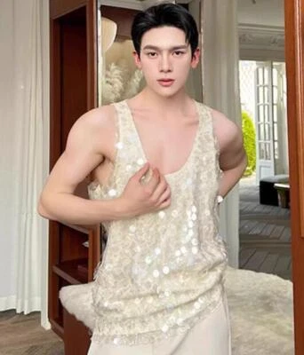 Chic Men Nude Embroidered Sequin Vest Sleeveless Tops Party Summer Clothing  - Image 1 of 4