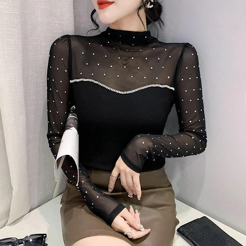 Women Bling Rhinestone Long Sleeve Mesh T-Shirt Slim Blouse Pullover Top Sexy - Image 1 of 4