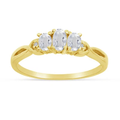 10k Yellow Gold Oval White Topaz And Diamond Three Stone Ring - Image 1 of 4