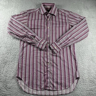 Camisa social masculina Etro Milano 38 listras padrão roxo rosa Itália leve - Imagem 1 de 4
