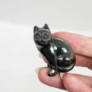 Hand Carved Hematite Stone Cat Metal Crystal Witchy Whimsygoth Goth Halloween - Picture 1 of 7