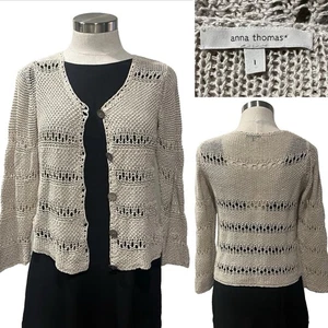 ANNA THOMAS Natural Cotton/Linen Mix Handknitted Openweave Cardigan 1/Small - Picture 1 of 11