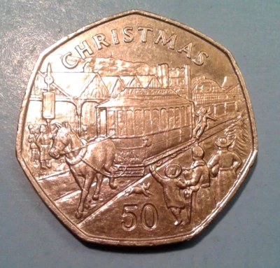 Moneda de 50 peniques de Navidad Isla de Man 1986. Foto 1 de 2