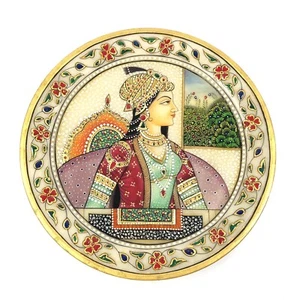 India Decorative 9" Plate Marble Stone Handmade Woman Painting Home Decor - Picture 1 of 10