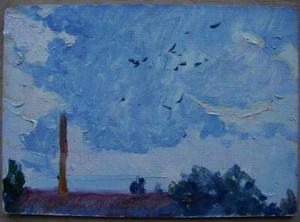 Ukrainian Soviet USSR Oil Painting impressionism landscape sky birds clouds - Picture 1 of 6
