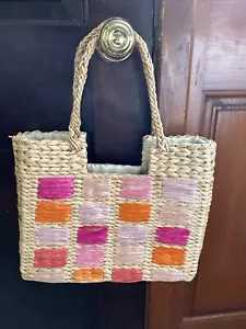 Woven Straw Tote Purse Handle Summer Bag Boho Sunset Vibes - Picture 1 of 8