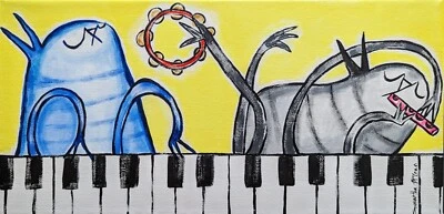 Pintura Gato Negro Original Piano Flauta Música Arte Popular Samantha McLean (7 x 14) Foto 1 de 4