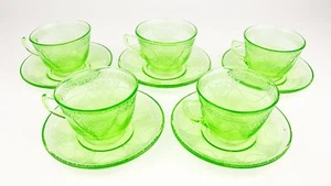 5 Georgian Love Birds Federal Glass Company Depression Green Tea Cup and Saucer - Picture 1 of 4