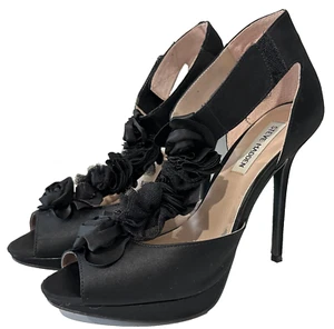 Steve Madden Florely Black Satin Pumps Womens Peep Toe Heels Stiletto AU 8.5 - Picture 1 of 12