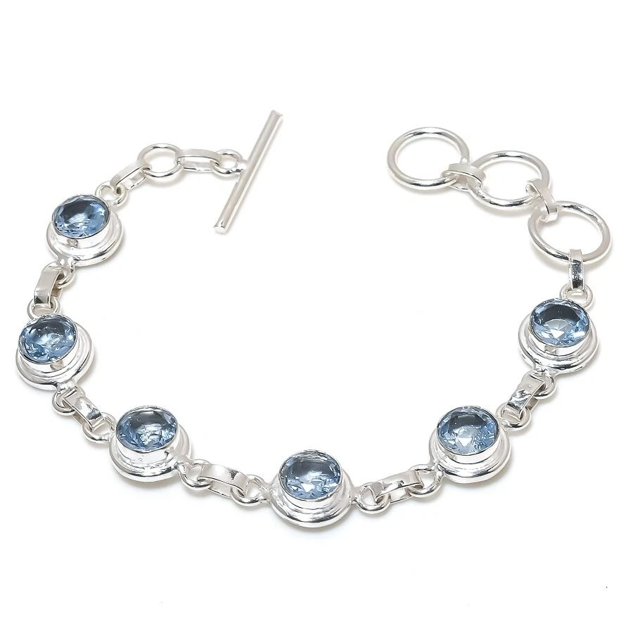 Aqua Aquamarine Gemstone Handmade 925 Sterling Silver Jewelry Bracelet Size 7-8" - Image 1 of 1