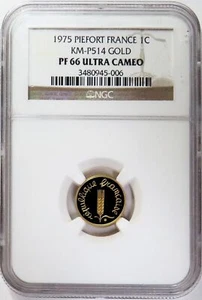 1975 GOLD FRANCE 67 MINTED PIEFORT CENTIME COIN NGC PROOF 66 ULTRA CAMEO - Picture 1 of 3