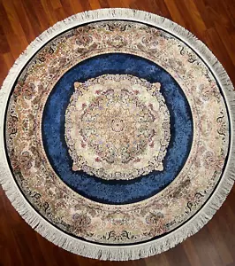 5x5 ft Blue Gold Silk Round Rug – Vintage Circle Rug, Turkish-Style Home Decor - Picture 1 of 8