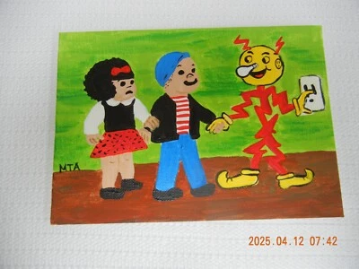 Оригинальная акриловая картина Nancy Sluggo Mr Electric 5 x 7 дюймов - Изображение 1 из 4