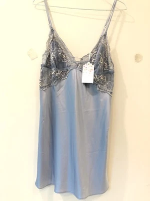 In Bloom by Jonquil Chemise Womens Medium Blue Baby Blue Lace Satin Nightgown - Image 1 of 4