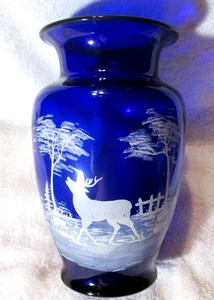 Vintage Cobalt Blue Glass Mary Gregory Style Large Vase Deer Stag - Picture 1 of 7