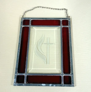 Methodist Cross Flame Stained Glass 8.5" x 6.5" Hanging Suncatcher Leaded Panel - Picture 1 of 7