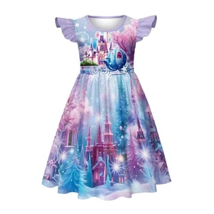 Girls Nightgown Ruffle Sleeve Princess Pajamas Purple Castle Casual Dress for... - Picture 1 of 1