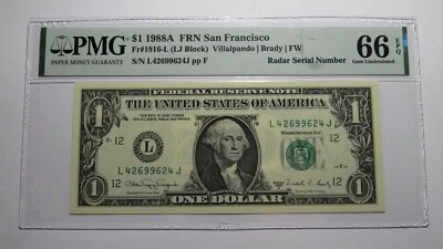 $1 1988 Radar Serial Number Federal Reserve Currency Bank Note Bill PMG UNC66EPQ - Image 1 of 3