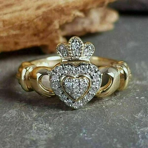 2Ct Heart Round Moissanite Claddagh Engagement Ring 14K Yellow Gold Plated . - Picture 1 of 5