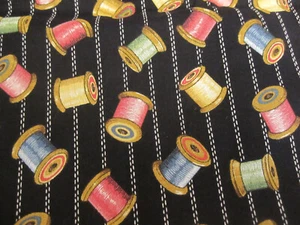 Cotton Fabric Vintage Colorful Wooden Spools on Black Concord Kesslers 1yd x 44 - Picture 1 of 7