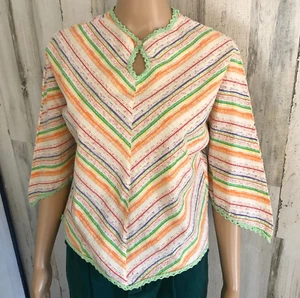 vtg 60s 70s Hippy Top XS/S Crochet Trim Handkerchief Style Striped Pucker Fabric - Picture 1 of 16