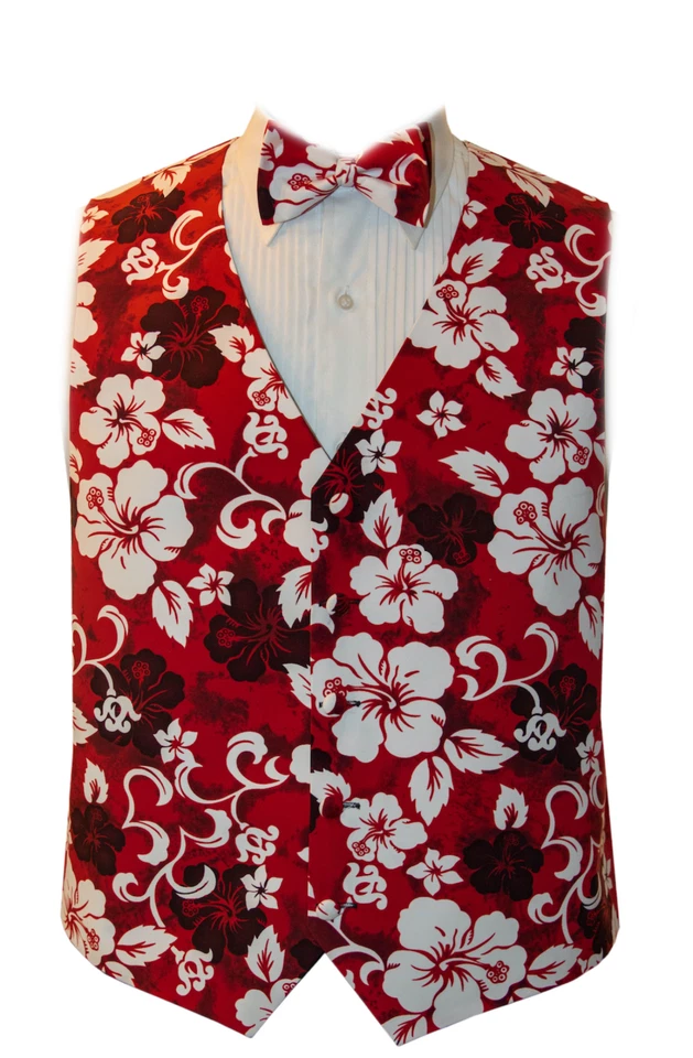 Red Hawaiin Hibiscus Tuxedo Vest and Bow Tie - Image 1 of 1
