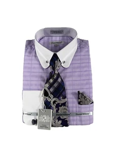 Daniel Ellissa Men's Lilac Dress Shirt Purple Tie Hanky Collar Bar French Cuff - Picture 1 of 6