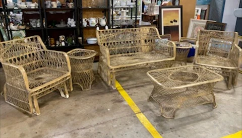Vtg Russell Woodard Patio GLIDER SET Spun Fiberglass Loveseat Chairs Tables MCM Cover
