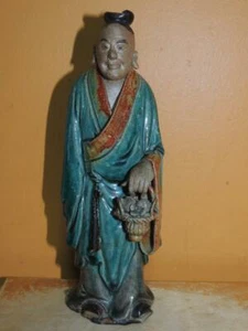 Chinese Mud Man/Men Green Gray Rust Robe w/ Fruit Basket 7"+ marked China Mudman - Picture 1 of 12