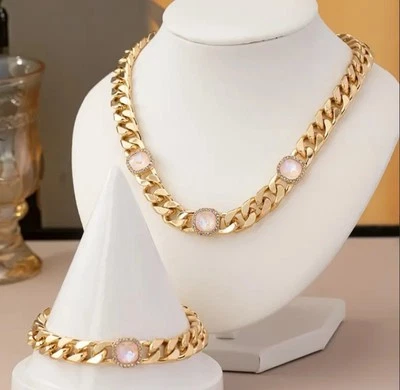 Elegant Gold Plated Pink Opal Cuban Chain Necklace SET Stainless Womens Jewelry - Image 1 of 4