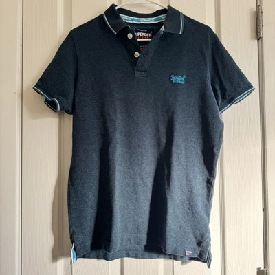 Super Dry Premium Men's Large Polo Shirt Blue With Turquoise & White Trim - Image 1 of 4