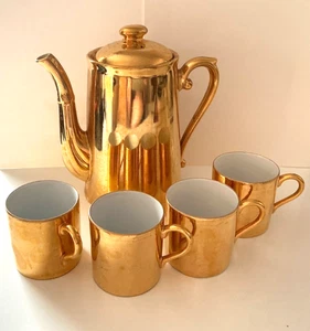 Royal Worcester Gold Lustre Coffee Pot and Four Cups - Picture 1 of 4