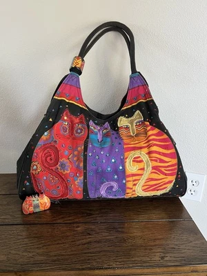 Bolso de Mano Laurel Burch Gato Vintage Cartera Negro Rojo Naranja Púrpura Felino 19" Foto 1 de 4