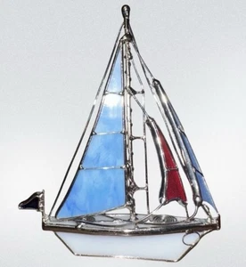 Stained Glass 3D Sailboat Sculpture Sun Catcher Self Standing Nautical - Picture 1 of 5