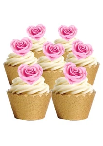 Cake Toppers Pink Rose Heart Shaped 15 PRECUT Edible Wafer Paper- Valentines Day - Picture 1 of 8