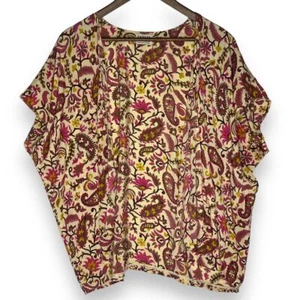 Baizaar 100% Silk Short Sleeve Kaftan Jacket Cardigan Open Front Paisley Tan L - Picture 1 of 12