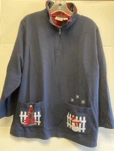 Sudadera Pullover Vintage Holiday Azul Estampado Muñecos de Nieve con Bolsillos Talla Grande - Imagen 1 de 7