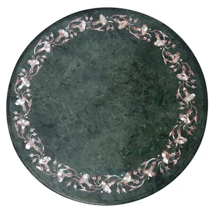 30" Luxury Round Green Marble Cafeteria Coffee Table with Mop Floral Inlay Decor - Picture 1 of 8