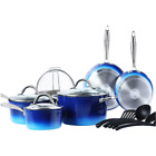  15 Piece Hammered Cookware Set Nonstick Granite Coated Pots and Pans Set Blue