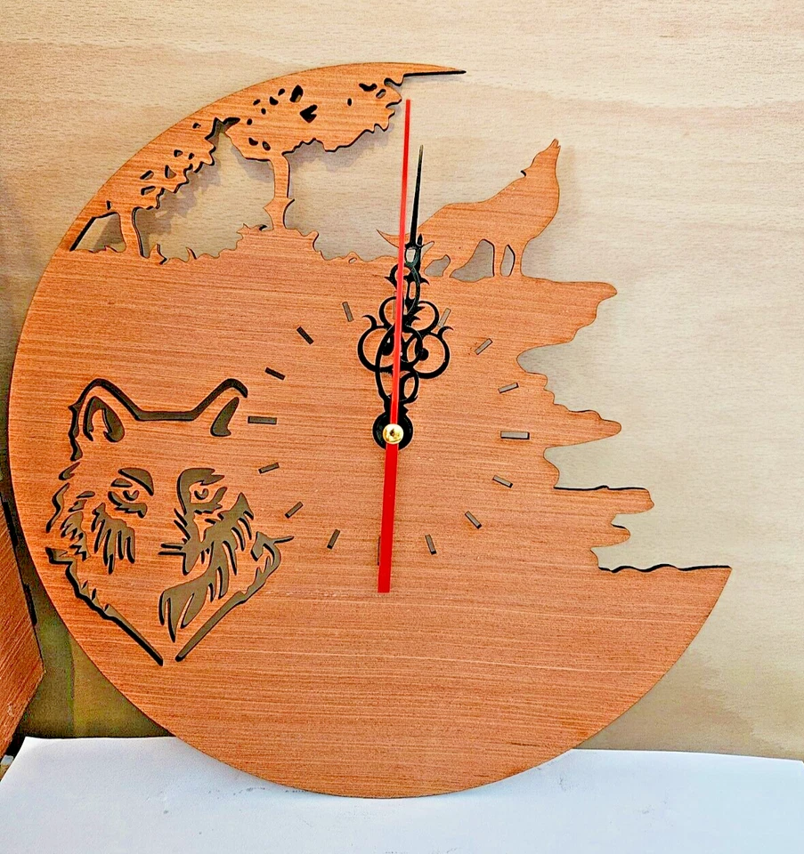 Wolf, Laser Cut Clock, , Bedroom, living room, Home, Gift, Quartz, Plywood, Gift - Image 1 of 1