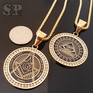 2pcs Stainless Steel Freemason Masonic CZ Pendant & 24" Round Box Chain Necklace - Picture 1 of 6