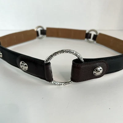Cinturón Brighton vintage para mujer 34 negro marrón cuero plata anillo gancho a presión hebilla Foto 1 de 4